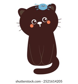 hand drawing cartoon cat with blue spider. cute animal drawing, doodle