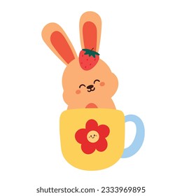 hand drawing cartoon cat inside a cute flower cup