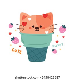 hand drawing cartoon cat inside ice cream cone. cute cat card, wallpaper, background