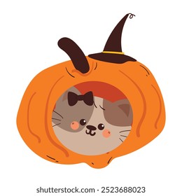 hand drawing cartoon cat inside a hlloween pumpkin. cute animal drawing, doodle for halloween