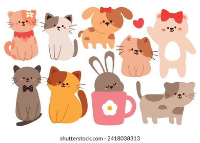 dibujo a mano de un gato, un cachorro y un conejito. lindo doodle animal para pegatinas, ícono. conjunto de pegatinas para animales adorables