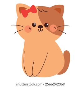 hand drawing cartoon cat with red ribbon. cute animal drawing, doodle for sticker and icon