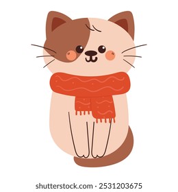 hand drawing cartoon cat wearing scarf. cute animal drawing, doodle for winter