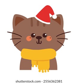 hand drawing cartoon cat wearing santa hat and scarf. cute animal drawing, doodle for winter and christmas