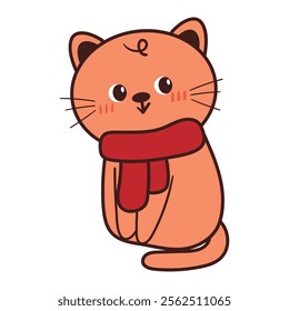 hand drawing cartoon cat wearing red scarf. cute animal drawing, doodle for winter and christmas