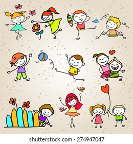 hand drawing cartoon character abstract concept happy kids