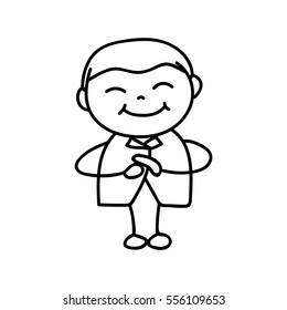 hand drawing cartoon character boy standing and greeting for Happy Chinese New Year. Line art for coloring.