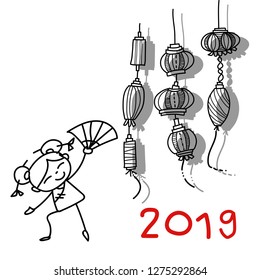 Hand drawing cartoon character Chinese people and kids. Happy Chinese New Year 2019, moon year, lunar year concept. Line art for coloring.