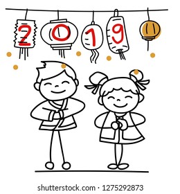 Hand drawing cartoon character Chinese people and kids. Happy Chinese New Year 2019, moon year, lunar year concept. Line art for coloring.