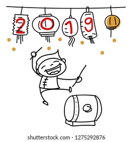 Hand drawing cartoon character Chinese people and kids. Happy Chinese New Year 2019, moon year, lunar year concept. Line art for coloring.