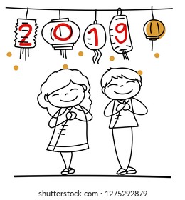 Hand drawing cartoon character Chinese people and kids. Happy Chinese New Year 2019, moon year, lunar year concept. Line art for coloring.