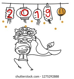 Hand drawing cartoon character Chinese people and kids. Happy Chinese New Year 2019, moon year, lunar year concept. Line art for coloring.