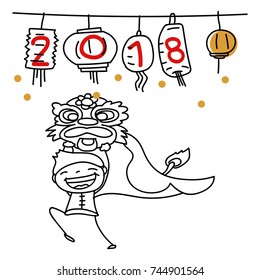 Hand drawing cartoon character Chinese people dancing lion dance and kid. Happy Chinese New Year 2018, moon year, lunar year concept. Line art for coloring.