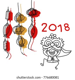 Hand drawing cartoon character Chinese people dancing lion dance and kid. Happy Chinese New Year 2018, moon year, lunar year concept. Line art for coloring.