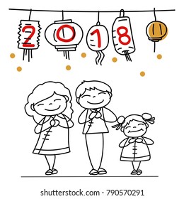 Hand drawing cartoon character Chinese people family and kids. Happy Chinese New Year 2018, moon year, lunar year concept. Line art for coloring.