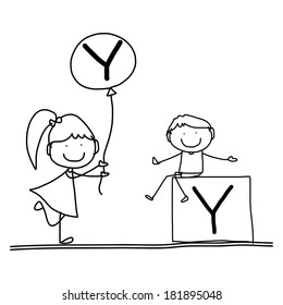 hand drawing cartoon character happiness alphabet Y