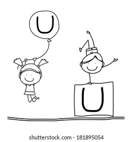 hand drawing cartoon character happiness alphabet U