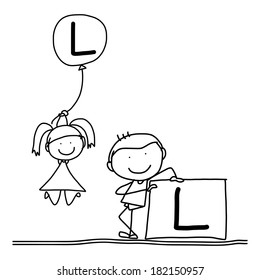 hand drawing cartoon character happiness alphabet L