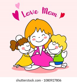 Hand drawing cartoon character happy mothers day. Vector illustration. Abstract people. Mother and kids holding with love and care. Love mom happiness and family concept.