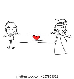 hand drawing cartoon character happy lovers wedding