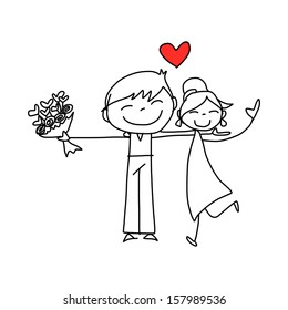 hand drawing cartoon character happy lovers wedding