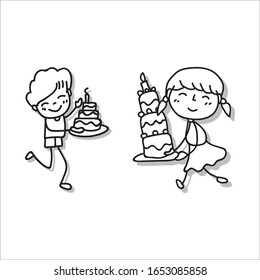 Hand drawing cartoon character happy boy and girl celebrate and greeting birthday party with birthday cake. Vector illustration. Abstract people