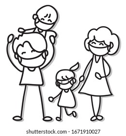 hand drawing cartoon character happy family. Mother father daughter and son wear masks protection from Covid-19. vector illustration eps10.