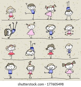 hand drawing cartoon character happy kids playing