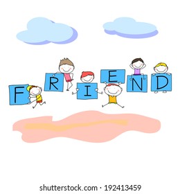 hand drawing cartoon character happy kids and positive words