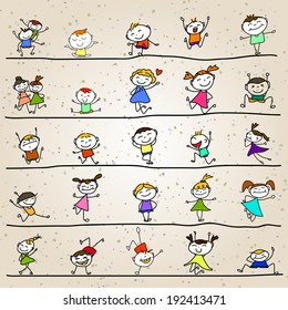 hand drawing cartoon character happy kids playing