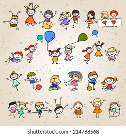 hand drawing cartoon character happy kids playing