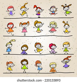 hand drawing cartoon character happy kids playing
