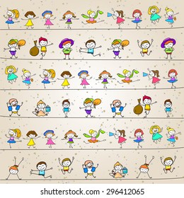 hand drawing cartoon character happy kids playing