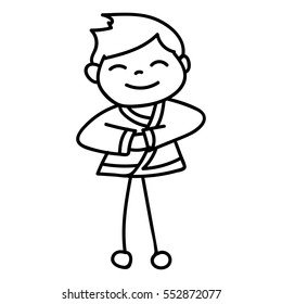 hand drawing cartoon character kid, boy standing and wishing for Happy Chinese New Year. Line art for coloring.