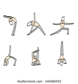 hand drawing cartoon character man practicing yoga for design
