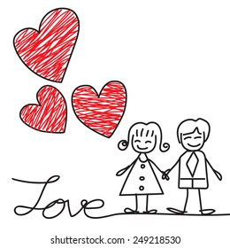 Hand Drawing Cartoon Character And Red Hearts, Valentines Day Card, Vector Illustration EPS 10.