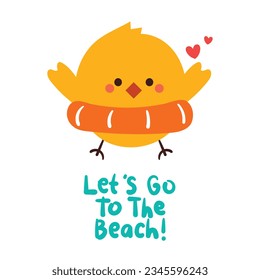 hand drawing cartoon chick wearing lifebuoy. cute summer card