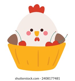 hand drawing cartoon chicken inside a cupcake cup. cute animal doodle