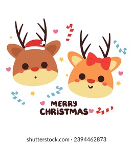hand drawing cartoon Christmas card, wallpaper, background with cartoon deer. Cute Christmas wallpaper