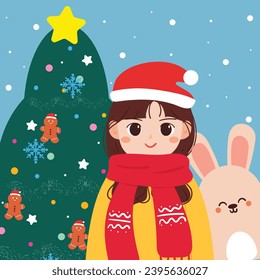 hand drawing cartoon Christmas card with illustration of girl, bunny and Christmas tree. Christmas wallpaper, background