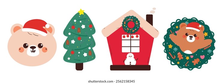 hand drawing cartoon christmas sticker set. cute christmas vibes sticker, doodle set