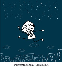 hand drawing cartoon concept creative businessman flying to sky with knowledge