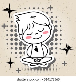 hand drawing cartoon concept happiness, happy businessman meditation with big smile, line art freehand sketch black and white vector illustration eps 10