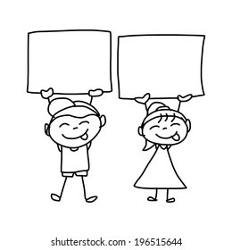 hand drawing cartoon concept happy kids playing with message board