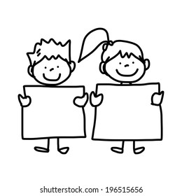 hand drawing cartoon concept happy kids playing with message board