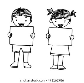 hand drawing cartoon concept happy kids playing with message board on white background. Sketchy style.