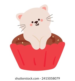 hand drawing cartoon cupcake with cat. cute food and animal doodle for icon and sticker