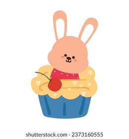 dibujo a mano diseño de quequitos con conejito. pegatina de comida y icono