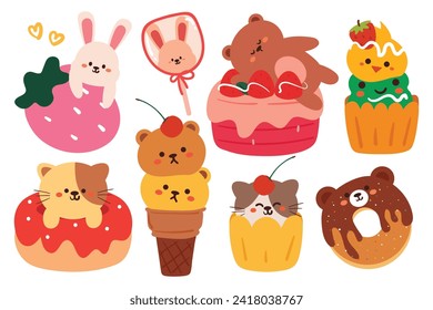 hand drawing cartoon cute animals and dessert. cute animal and food sticker set. kawaii sticker collection