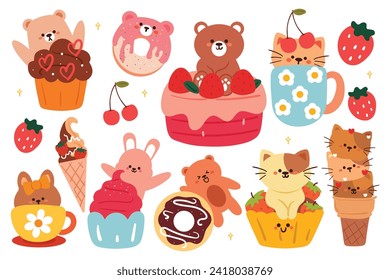 hand drawing cartoon cute animals and dessert. cute animal and food sticker set. kawaii sticker collection